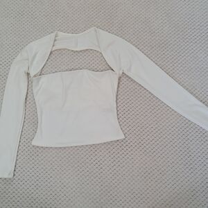 Windsor White Ribbed Long Sleeve Crop Top Size L Square Neck Fitted Stretchy